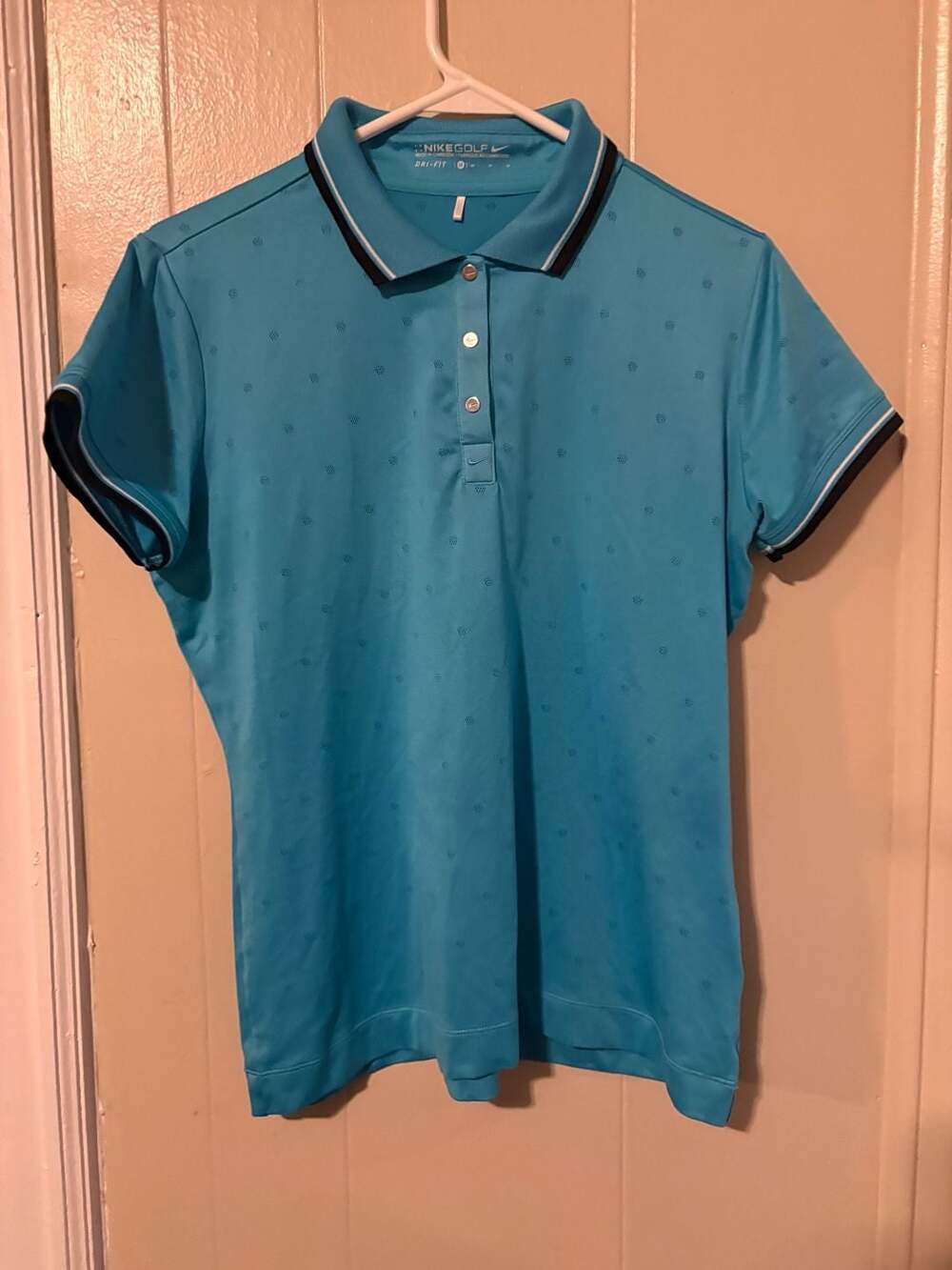 Nike Golf Dri-Fit Women's Blue Polka Dot Snap Button Polo Shirt Size Medium